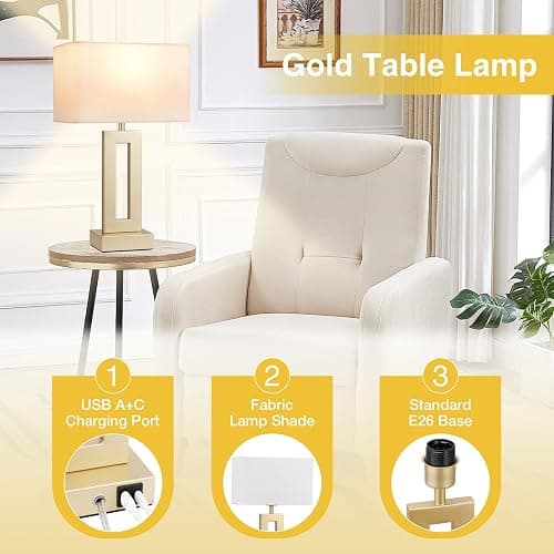 Seealle Bedroom Table Lamps Set of 2 - Touch Bedside Lamps with USB C+A, 3 Way Dimmable Gold Lamp for Nightstand, Modern Night Stands Lamps for Living Room End Tables Desk Bed Side Study Room(16.4n) thumbnail 4