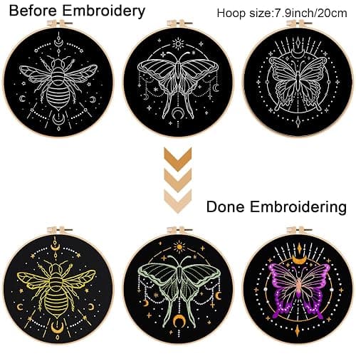 Louise Maelys 3 Sets Tarot Embroidery Kits for Beginners,Cross Stitch Kit for Adults,Crewel Starters Needlepoint with Moon, Butterfly, Bee and Moth Pattern and Tool - Tarot thumbnail 3