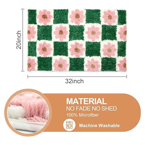 ORTIGIA Cute Green Bathroom Rug Checkered Pink Floral Bath Mat Soft Microfiber Non Slip Washable Absorbent Rugs for Laundry Sink Floor Decor, 20x32 inch thumbnail 2