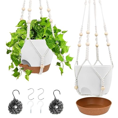 Vanslogreen Hanging Planters for Indoor Outdoor Plants, 2 Pack Self Watering Hanging Pots, Hanging Plant Baskets with Drainage Holes & 2 Types of Plant Hangers (White, 6'') - Image 1