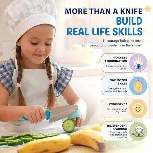 Kibbidea Safe Knife for Kids, Toddler Cutting Knife Set for Real Cooking | 4PCS, Round Tip, Stainless Steel Blade, Kids Friendly Knives, Finger Guard, BPA-free, Chef Kitchen Knife for Beginners thumbnail 6