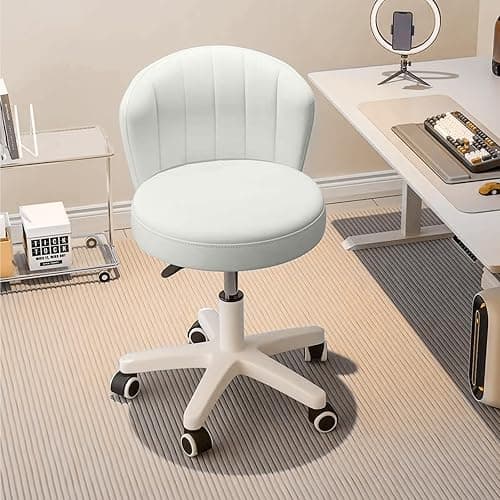 HDHNBA Small Desk Chair Round Rolling Chair with Back PU Leather Height Adjustable Swivel Vanity Work Computer Stool Chair for Home Office Bedroom - Image 1