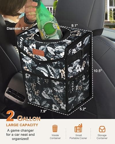 Pritent Car Trash Can with Lid, Cute Leakproof Car Trash Garbage Bag Hanging Vehicle Trash Bin Small Portable Automotive Garbage Cans Organizer for Back/Front Seat(Trapezoid,Black with Lily Print) thumbnail 2