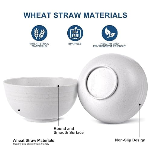 HOTEC Unbreakable Wheat Straw Cereal Bowls - Microwave & Dishwasher Safe Soup and Salad Bowls BPA Free, Set of 8, 26oz, White - White thumbnail 4