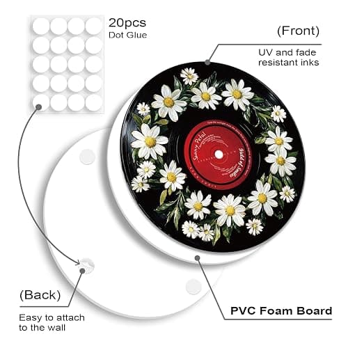 twinklemon 4 Pcs Flower & Grass Theme Vinyl Record Wall Decor, Self Adhesive Fake Music Records Album Posters, Botanical Style Music Wall Art Sticker for Grunge Room Bedroom Decorations thumbnail 3