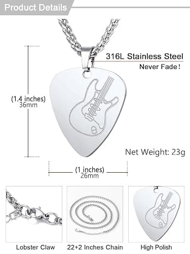 U7 Hip Hop Punk Music Necklace, Guitar Pick/Guitar/Microphone/Headphone Pendant with Chain for Men & Women, Stainless Steel R&B Music Jewelry, Silver/Gold/Black, Customizable thumbnail 5