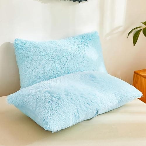 Blue Plush Pillow Covers, Fuzzy Fluffy Furry Shaggy Faux Fur Pillow Cases for Bedroom décor, Soft Blue Pillow Covers 26"x20" with Zipper Closure, Decorative Set of 2 thumbnail 2