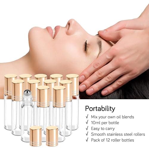 PrettyCare 12 Pack, 10 ml Essential Oil Roller Bottles with Stainless Steel Roller Ball - Refillable Leak-proof Empty Thick Clear Glass Roll on Bottles with Metal Caps for Travel, Perfume thumbnail 4