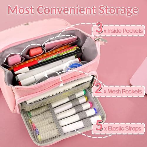 Sooez Super Large Pencil Case, Big Capacity Pencil Bag with 3 Compartments, Hold 200 pencils, Cute Pencil Pouch with Zipper, Portable Stationery Pen Bag, Aesthetic School Supplies For Girls, Pink thumbnail 5