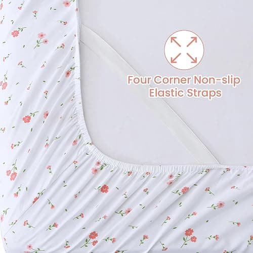 Softan Pink Floral Full Sheet Set Flower Printed Bed Sheets Double - 4 Piece Microfiber Patterned Fitted Bed Sheets with 15" Deep Pocket & Straps, Cozy Cute Pink Sheets and Pillowcase Set thumbnail 3