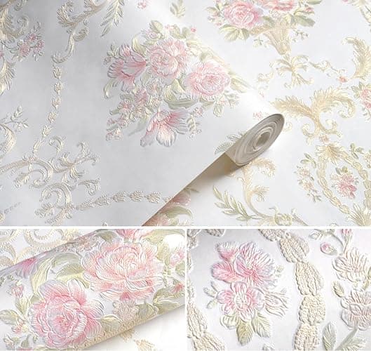 Farrich Vintage 3D Floral Peel and Stick Wallpaper Embossed Colorful Rustic Damask Flower Wall Paper Self Adhesive Wallpaper Decorations for Bedroom White 20.8" x 197" thumbnail 3