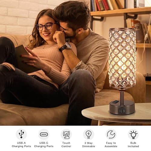 Hong-in Crystal Table Lamp Touch Control Set of 2, 3-Way Black Crystal Lamps with USB C+A Ports & AC Outlet, Dimmable Nightstand Desk Lamps,Modern Bedside Table Lamp for Bedroom(Bulbs Included) thumbnail 2