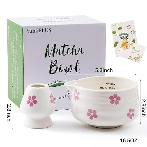 YumiPLUS 2pcs Matcha Bowl with Whisk Holder, Ceramic Cherry Blossom Matcha Bowl with Spout, 16.5OZ Porcelain Bowl with Measurement Marks,Tea Mixing Bowl with Whisk Stand, Matcha Gift (sakura) thumbnail 3