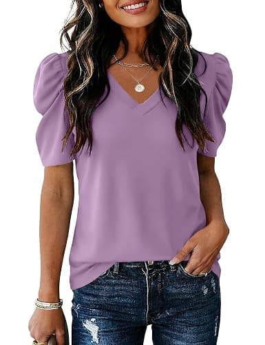 IECCP Women V Neck T Shirts Puff Short Sleeve Tops Fashion Dressy Casual Tunic Loose Fit Blouses - Image 1