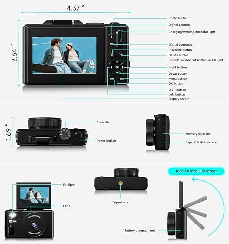5K Digital Camera, 2026 Upgraded 80MP Compact Camera with 18X Zoom, 3” 180° Flip Screen Travel Camera for Vlogging, Camera Digital for Beginners Teens, Portable Vlogging Camera with 64GB Card thumbnail 7