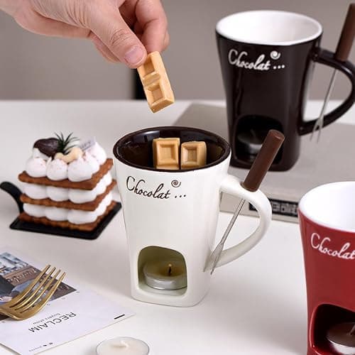 Ceramic Fondue Pot Set,Chocolate Fondue Mug with Forks,Ceramic Fondues Cup Gift Set,Butter Warmer Pot,Fondues Pot Melting Pot Set,Melt Hot Pots Bowl Set for Cheese Chocolate Butter(White) thumbnail 3