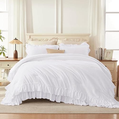 Andency White Comforter Set Queen Size, Lightweight Fluffy Farmhouse White Ruffle Bedding Set, Soft Polyester All Season Shabby Chic Bed Comforter Set 3 Pieces(1 Ruffle Comforter 2 Pillowcases) thumbnail 5