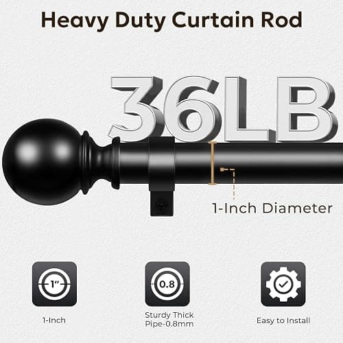 Zeerobee Curtain Rods for Windows 48 to 84, 1 Inch Adjustable Heavy Duty Black Curtain Rod, Outdoor Indoor Room Divider Modern Drapery Pole, 48-86" thumbnail 4