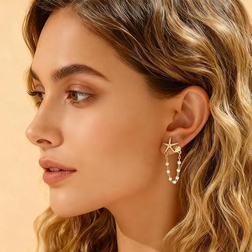 Starfish Earrings for Women Pearl Drop Seashell Earrings, Tropical Beach Ocean Dangle, Summer Vacation Beach Jewelry Gifts thumbnail 4