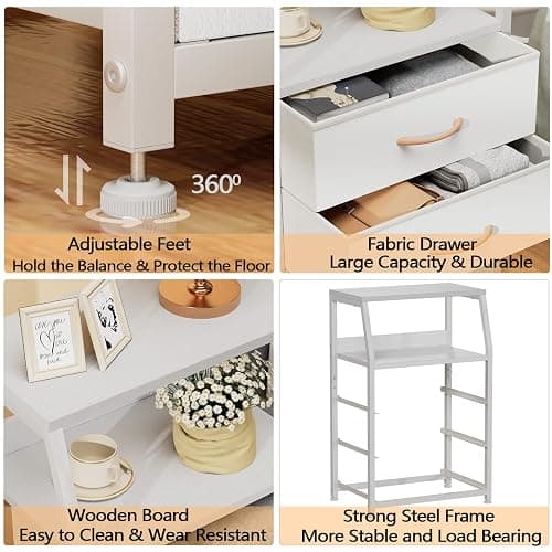 Furnulem White Nightstand with 3 Drawers and 2-Tier Shelf, Small Night Stand End Table Side Furniture, Fabric Storage Organizer for Bedroom, Closet, Hallway, Nursery, Sturdy Steel Frame, Wood Top - White - 3 Drawers thumbnail 5