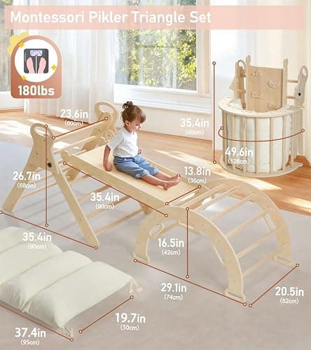 little dove Pikler Triangle Set with Cushion, 7-in-1 Foldable Toddler Climbing Toys Indoor, Toddler Jungle Gym Indoor with Ramp, Arch and Ladder, Montessori Climbing Set, Climbing Toys for 1-6, Wood thumbnail 2