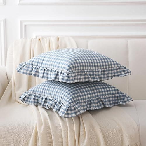 K MASANIJI 2 Pack Dust Blue White Plaid Gingham Ruffle Throw Pillow Covers, 100% Washed Cotton Decorative Buffalo Checkered Farmhouse Pillow Shams - 18''x18'' thumbnail 3
