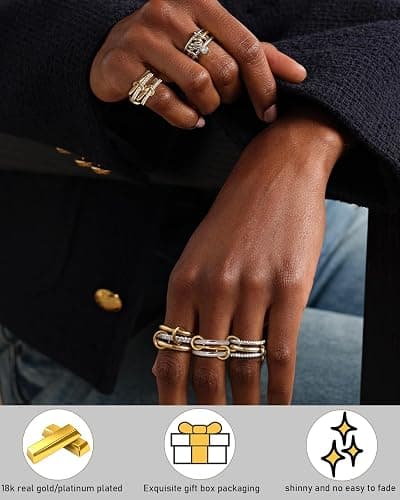 TLY Stackable Gold Rings for Women 18K Gold Plated Interlocking Ring Stack Set Gold Silver Mixed Metal Statement Rings Waterproof Dainty Cubic Zirconia CZ Fashion Connected Band Thumb Ring Size 4-11 Jewelry Gift for Women thumbnail 4