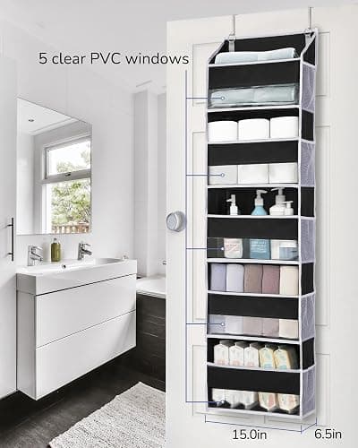ULG 1 Pack Over The Door Organizer – 5 Shelf Door Organizer Hanging & 10 Side Pockets, Reinforced 44LB Capacity Hanging Organizer, Behind The Door Storage for Bedroom, Nursery, Pantry (Black) - Black - 1 Pack thumbnail 3