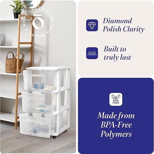 HOMZ Drawer Tower, 3-Tier Clear Plastic Storage Organizer Cart, White Frame - Heavy-Duty Organizing Drawers for Home, Bedroom, and Closet Organization thumbnail 5
