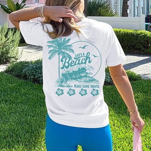 KEEVICI Hawaiian Beach T Shirts for Women Hibiscus Flower Palm Tree Shirt Tropical Graphic Tees Summer Beachy Vacation Tops thumbnail 2
