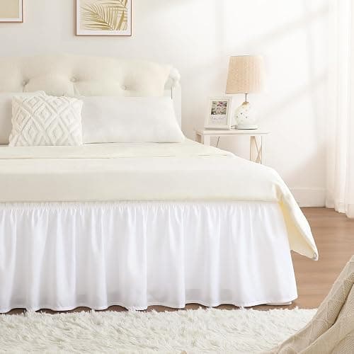 RIMELA Queen Bed Skirt 14 Inch Drop White, Wrap Around Elastic Bed Skirts Queen Size Dust Ruffle, Bedskirt for Adjustable Bed Base Solid Silky Fabric Machine Washable Easy to Install - Image 1