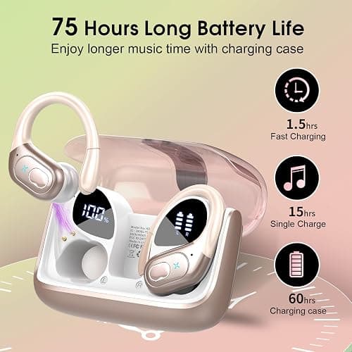 Aptkdoe Wireless Earbuds 75hrs Bluetooth 5.4 Headphone Sport, 2025 Bluetooth Earbuds Stereo Deep Bass Over Ear Bud with Earhooks, ENC Noise Cancelling Mic, IPX7 Waterproof Earphone Rose Gold - Rose Gold thumbnail 2