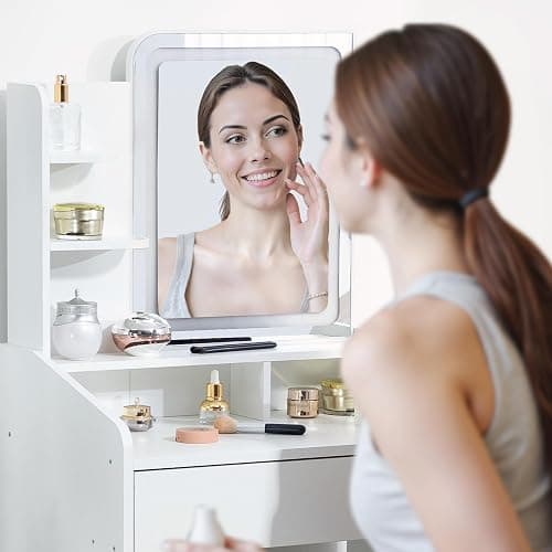 Dowinx Makeup Small Vanity Desk with Mirror and Lights, Makeup Vanity with Drawer & Storage Shelves, Makeup Desk with 3 Lighting Modes & Adjustable Brightness, Dressing Table for Women Girls Bedroom thumbnail 7