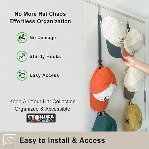 ETOWIFA Hat Rack for Door, Hat Holder over the Door Hats Organizer for Baseball Caps, Hat Hanger for Closet, 12 Hooks Cap Organizer on Wall for Storage & Display - 2 Pack thumbnail 4