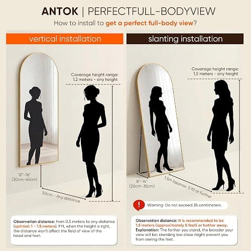 Antok 58" x19” Arched Full Length Mirror, Floor Mirror with Stand,Gold | Shatter-Proof Glass, Floor Standing&Hanging&Leaning, Full Body Mirror with Stand Aluminum Alloy Frame for Bedroom Livingroom thumbnail 7