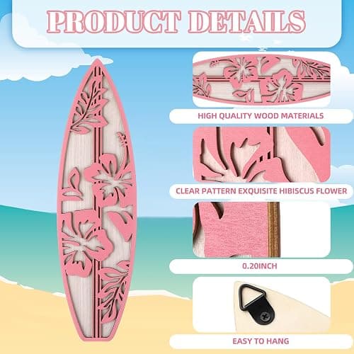 RattanView 3 Pieces Hibiscus Surfboard Decor for Bedroom Wooden Beach Wall Decor Summer Wood Surfboard Wall Hanging Sign for Tropical Living Room Decoration(Pink) thumbnail 4