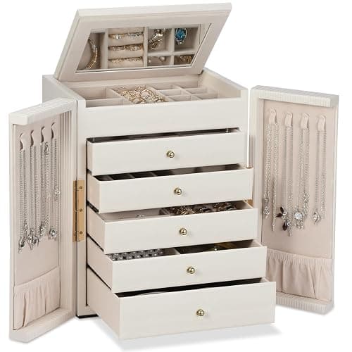 Dajasan Boite a Bijoux Femme, Grande Boite à Bijoux avec 5 Tiroirs, Boîte à Bijoux avec Double Ouverture pour Coiffeuse, Cuir Grain Vertical, Idée Cadeau pour Femme, Fille (Beige) - Image 1