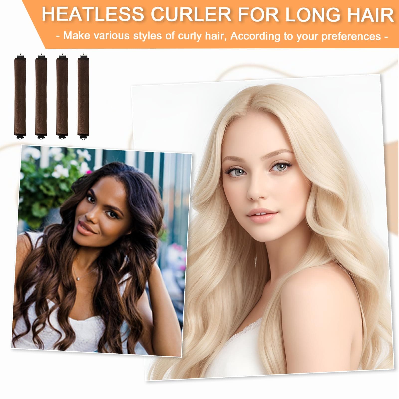 TULOBI 4Pcs Heatless Hair Curler, Overnight Heatless Curls Blowout Rods for All Hair Types, Flexi Rods with Hook, Hair Curlers to Sleep in No Heat Curling Headband for Women Girls Long - Brown thumbnail 8