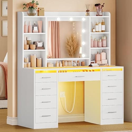 FINOESO Large Vanity Desk with Mirror and Lights, 3-Color LED, Makeup Vanity with Clear Glass Top & RGB Light, Vanity Table with 9 Drawers, 6 Open Shelves and Power Outlet, White Vanity for Bedroom thumbnail 3