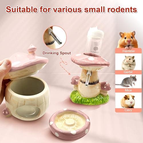 BELEATAL Mushroom Ceramic Hamster Hideout, Water Bottle with Stand, Food Bowl, Hamster Accessories (Pink) thumbnail 2