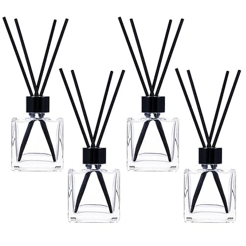 Crazy huayi frangrance Glass Diffuser Bottles Diffuser Jars with Black Color caps and Reed Sticks Set of 4 pcs 150ml Fragrance Accessories use for DIY Replacement Reed Diffuser Sets