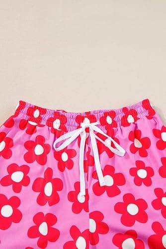 KevaMolly Womens Pajama Sets Pink Flower Print Buttoned Drawstring Waist Lounge Set Short Sleeve Top and Shorts thumbnail 5