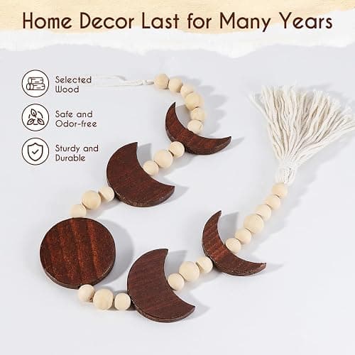 Ausicfen Moon Phase Wall Hanging Wood Beaded with Tassel,Phases of The Moon,Boho Home Decor for Living Room Bedroom Office(Brown) thumbnail 4