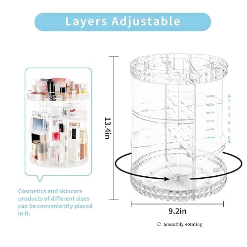 V-HANVER 360 Rotating Makeup Organizer Perfume Organizer Clear Cosmetic Storage Display Case Large Capacity Acrylic Beauty Holder Adjustable Partition Height for Bedroom Dresser or Bathroom Vanity - Clear thumbnail 4