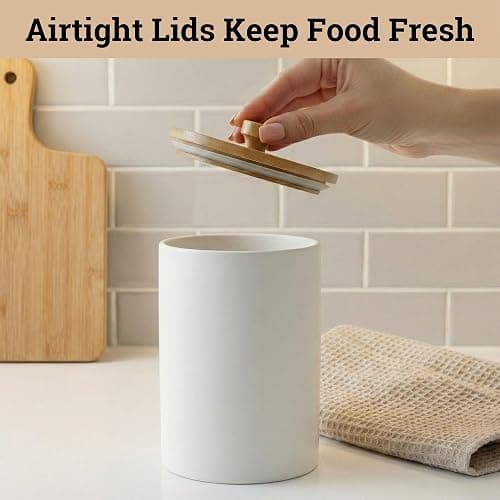 Ceramic Kitchen Canisters for Countertop Set of 3 with Airtight Bamboo Lids - White Kitchen Canisters with Airtight Lids - Flour Sugar Canister Set - Flour and Sugar Containers Farmhouse - Coffee Jar thumbnail 2