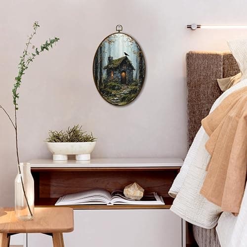 JQF Dark Academia Forest Cabin Crow Oval Wall Decor, Dark Cottagecore Oval Canvas Wall Art, Whimsical Fantasy Forest Nature Framed Prints Hanging Decor for Home Bedroom Living Room, 8.5x11.5 Inch thumbnail 6