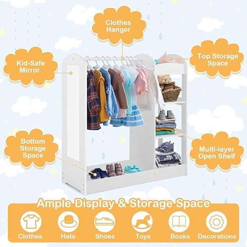 Costzon Kids Dress up Storage with Mirror, Clothes Rack, 3-Tier Shelves, Bottom Tray, Pretend Play Costume Dresser Organizer Center, Open Hanging Armoire Closet for Little Girls (White) thumbnail 5