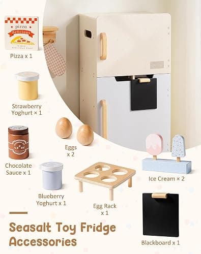ROBOTIME Wooden Toy Fridge for Kids, Realistic Play Fridge with Freezer, Blackboard, Egg & Ice Cream Accessories, Spacious Storage Play Refrigerator for Kids, Perfect Play Kitchen Pretend Kitchen Toy thumbnail 3