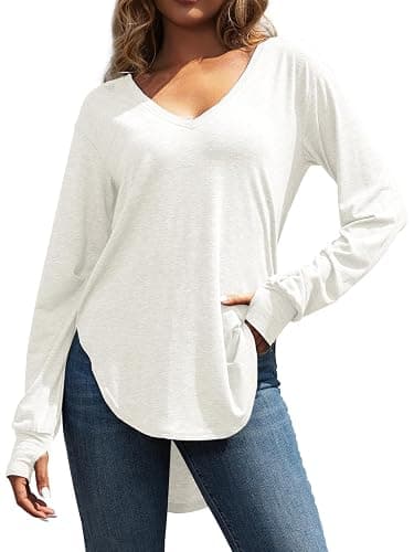 MERRIMISS Womens Deep V Neck Long Sleeve Tops Loose Fit Oversized T Shirt Side Slit High Low Tunic Tops with Thumb Hole thumbnail 2