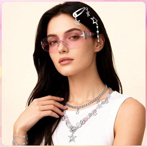 JATEBI Y2k Accessories Set Included Star Y2k Silver Necklace Bracelets Grunge Layered Necklace Y2K Sunglasses Hair Clip Pink Keychain Vintage Jewelry Set for Women thumbnail 3